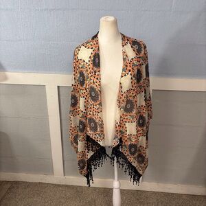 Elegant Multicolor Patterned Shawl Wrap OSFM Orange Combo Tassel Bottom